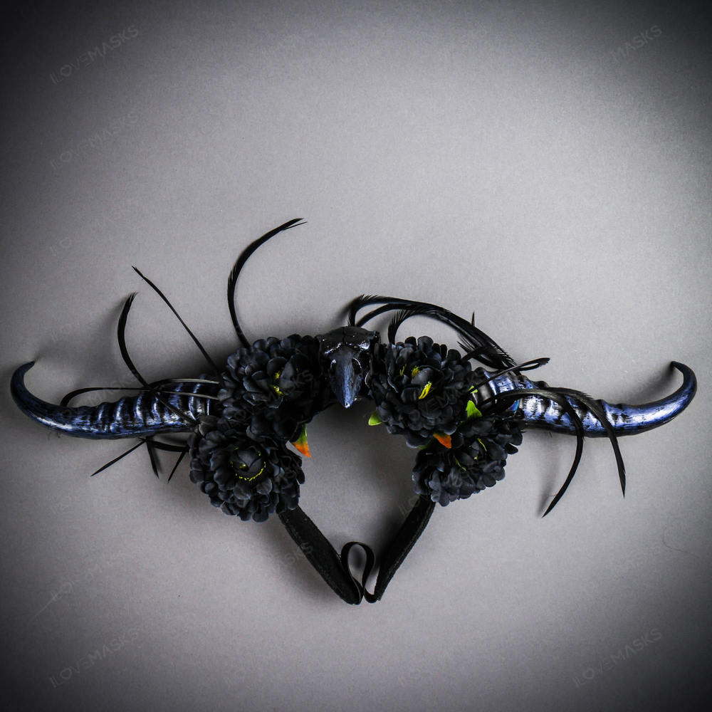 Gothic Demon Long Horn with Flower Head Piece - Black Blue